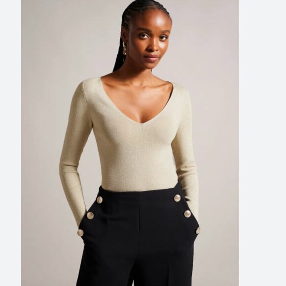 NWT TED BAKER CIILIAH GOLD METALLIC V-NECK LONG TEE RIBBED STRETCH KNIT TOP - S - Picture 1 of 14